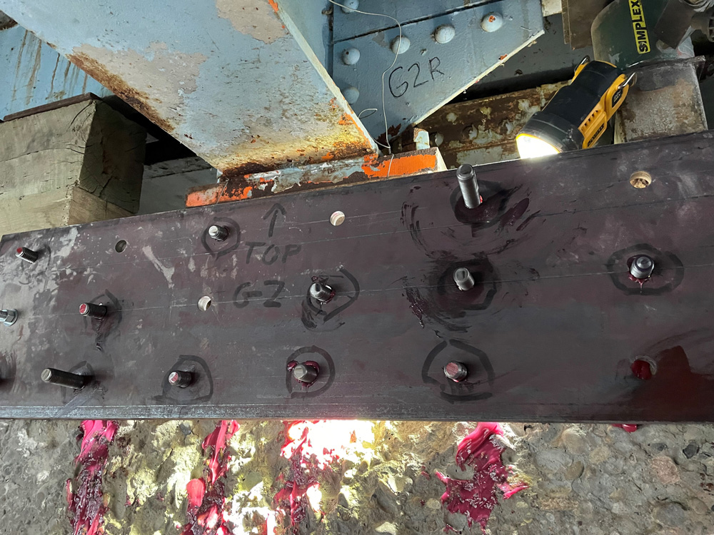Example of repair progress at the end of the first night (Thursday) - some steel plates have been anchored and epoxied on the pier.
