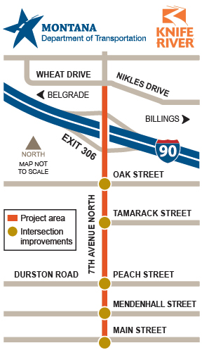 Map showing project area, which begins at the intersection of 7th Avenue North and West Main Street and continues north, ending near the 7th Avenue North and Nikles Drive/Wheat Drive intersection.