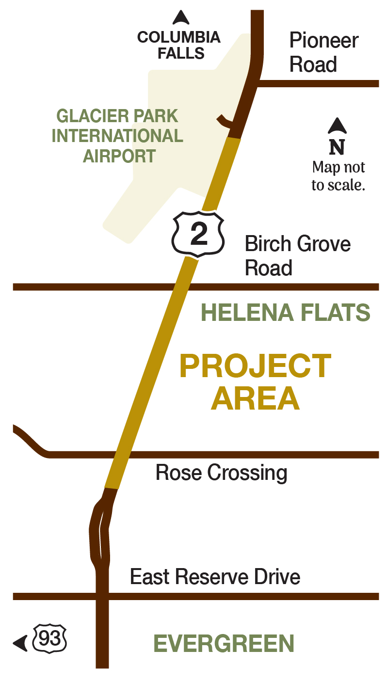 Project map depicting 4 miles of US 2 near Kalispell. The project begins south of the Rose Crossing intersection and ends just south of the entrance to Glacier Park International Airport.