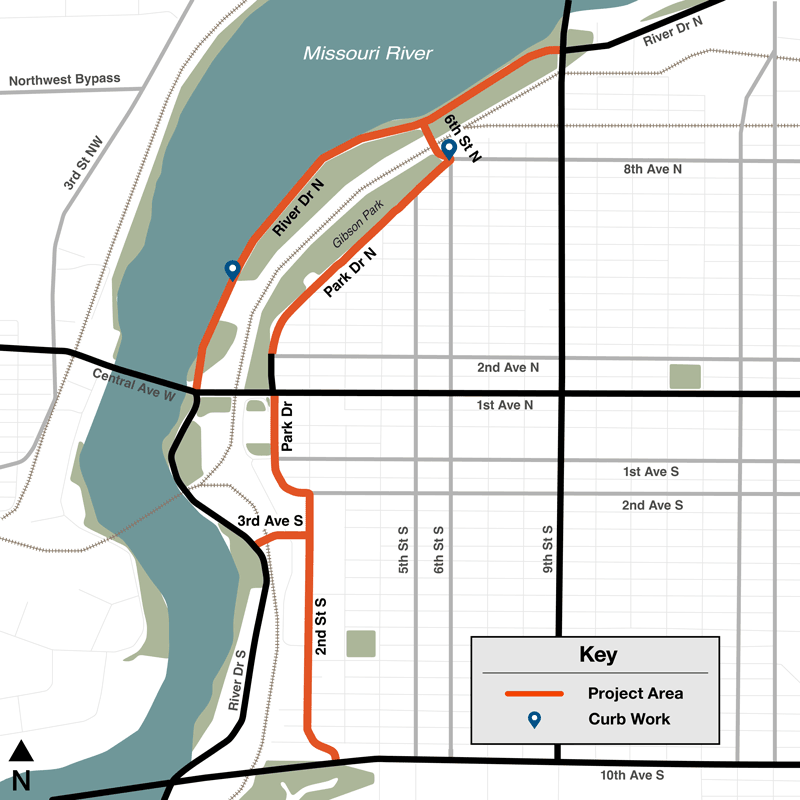 Map showing project area, which includes 3 miles of roadway in five locations: River Drive North, Park Drive North, Park Drive North / 2nd Street South, 6th Street North, and 3rd Avenue South.