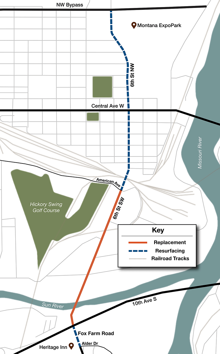 Map showing project area, which is a portion of 6th Street NW and SW in Great Falls.