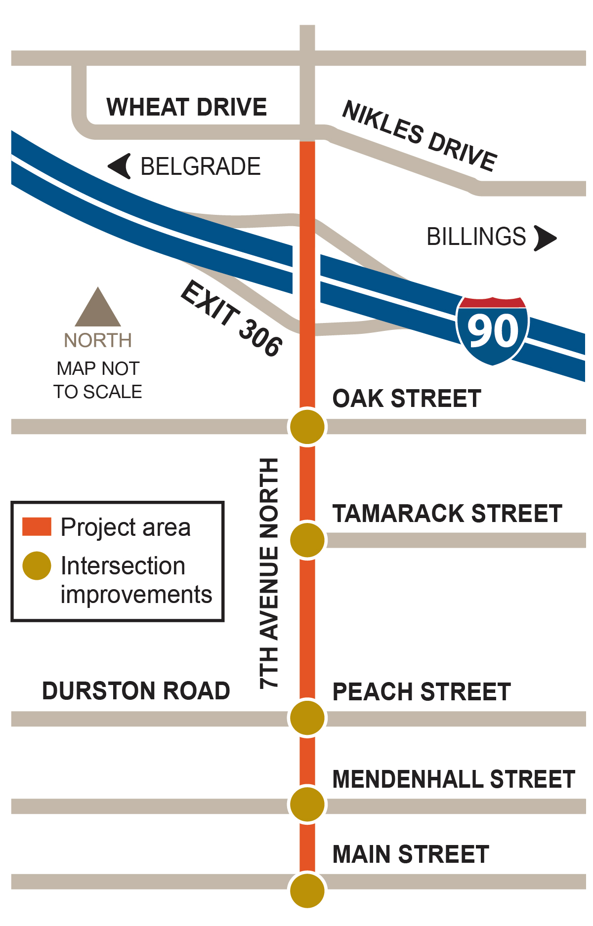 Map showing project area, which begins at the intersection of 7th Avenue North and West Main Street and continues north, ending near the 7th Avenue North and Nikles Drive/Wheat Drive intersection.