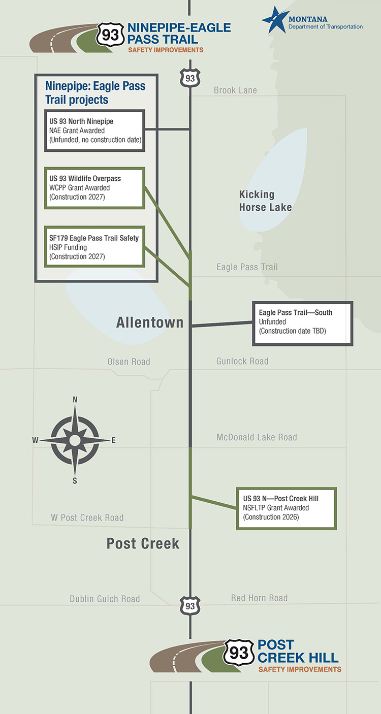Map showing project area, which includes two sections of US 93: one from Red Horn Road/Dublin Gulch Road to Gunlock Road/Olsen Road and another from Brooke Lane to south of Eagle Pass Trail in the Ninepipe area.