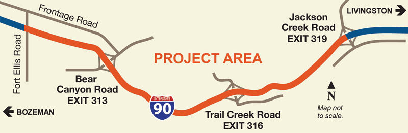 Map showing project area, which includes approximately 6 miles of I-90 between Bozeman and Livingston.