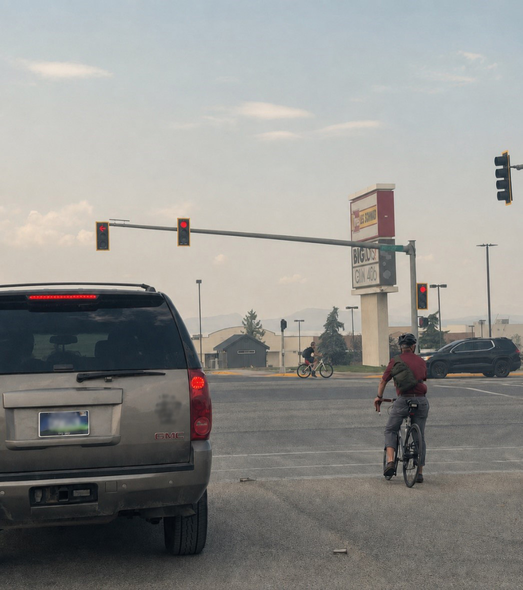 Person riding a bike with hazy smoky skies in the background