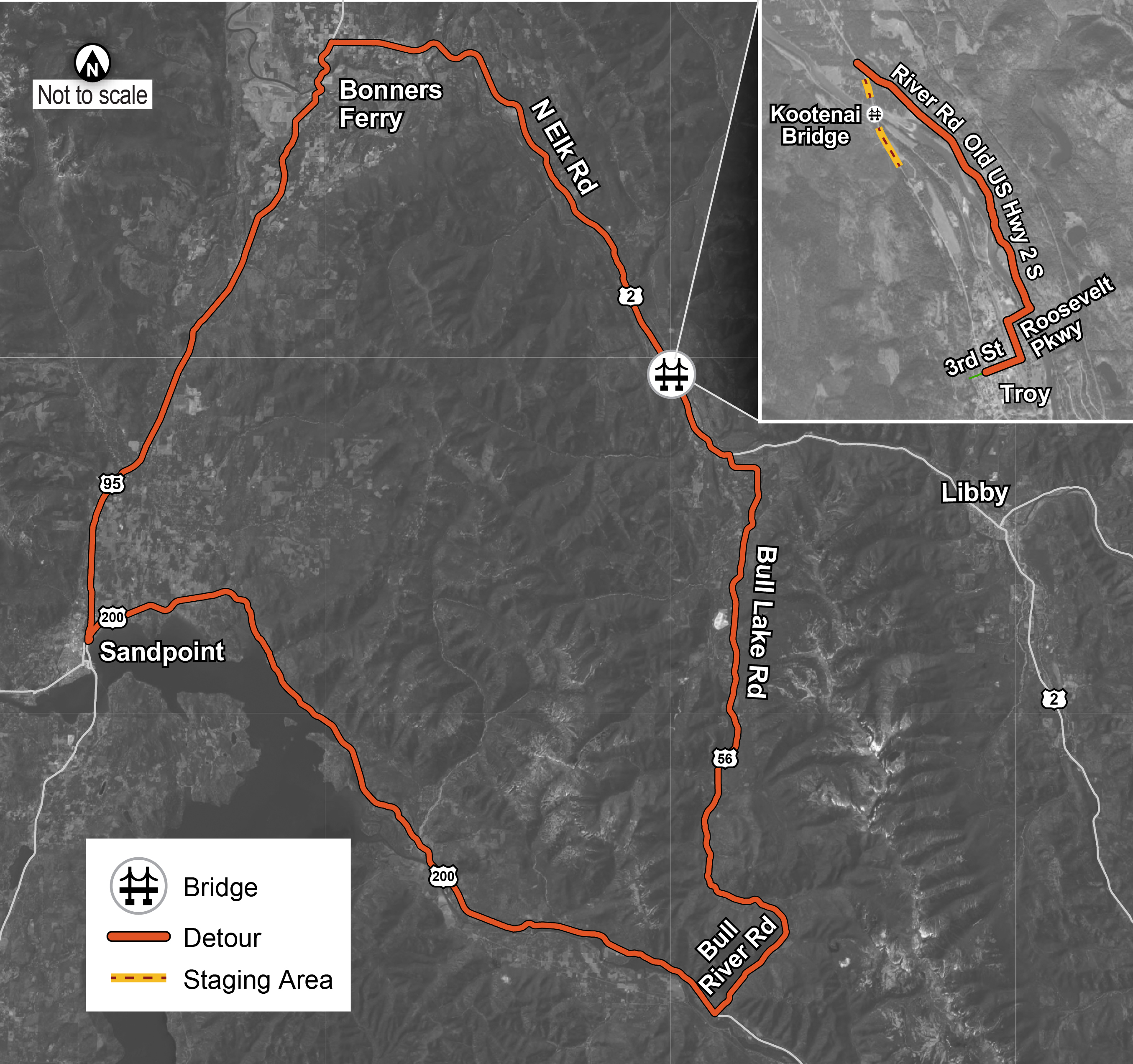 Map depicting project detour around the Kootenai River Bridge near Libby. The detour utilizes N Elk Road, heads south at Bonners Ferry, east at Sandpoint, and north at Bull River Road.