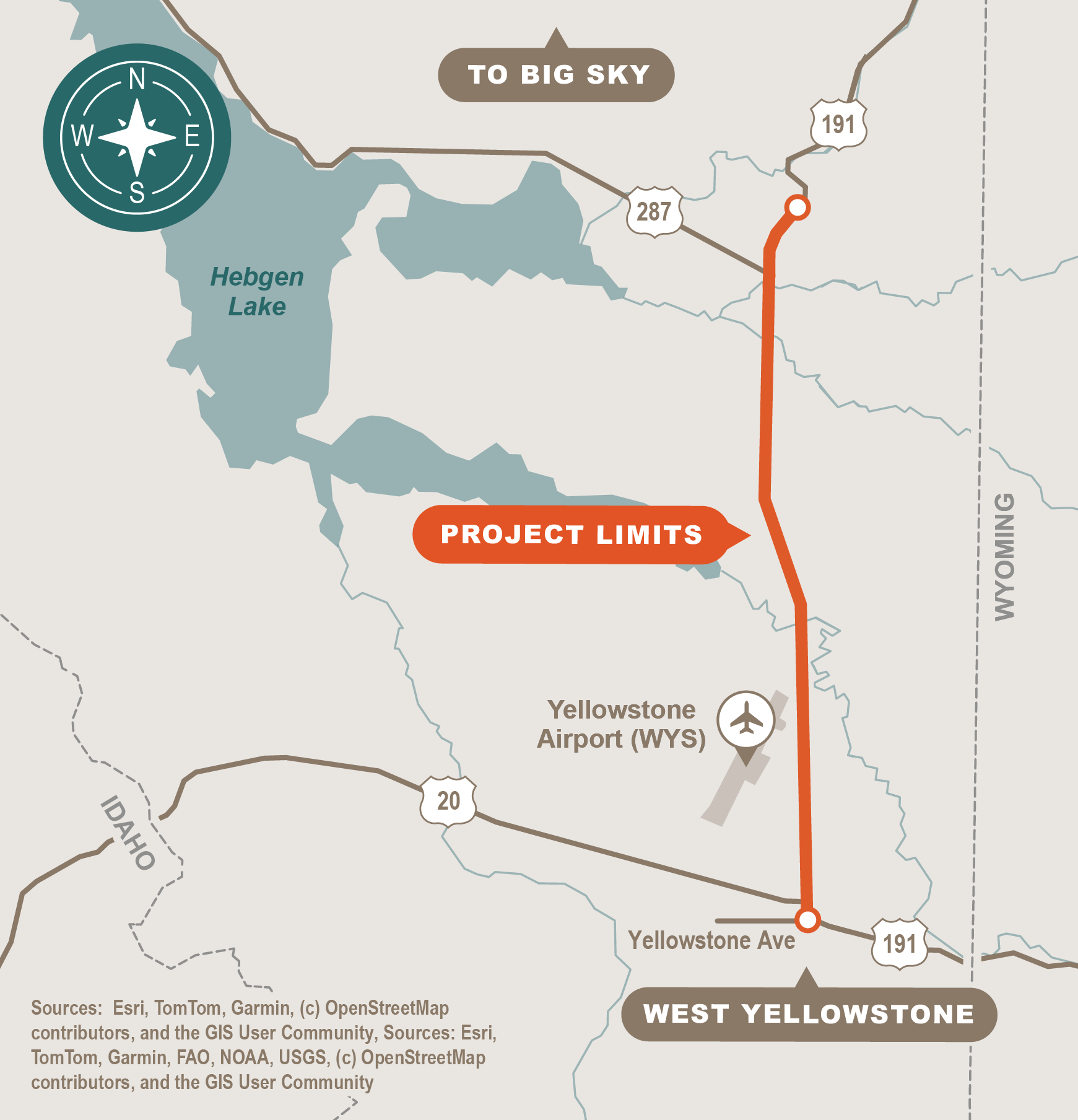 This map shows the project limits starting at the Yellowstone Avenue and US 191 intersection, extending north on US 191 for approximately 9.6 miles, ending just north of the US 191 intersection with US 287. Landmarks illustrated on the map include Hebgen Lake, Yellowstone Airport, West Yellowstone, and a label showing that Big Sky is north of the project.