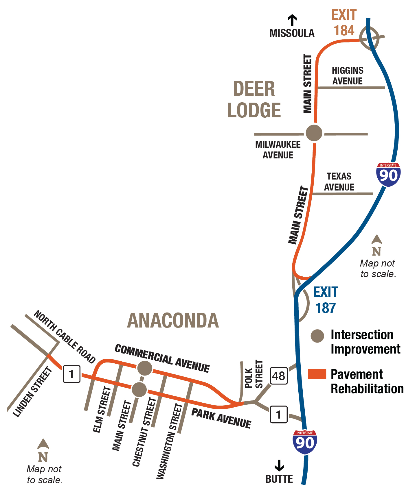 The project area map shows pavement rehabilitation areas in Anaconda and Deer Lodge. In Anaconda, Park Avenue and Commercial Avenue, part of Montana Highway 1, are marked as pavement rehabilitation areas. In Deer Lodge, main street is marked for pavement rehabilitation. Additional intersection improvement areas are marked. In Anaconda, the Main Street intersections with Park Avenue and Commercial Avenue are marked as intersections that will be improved. In Deer Lodge, the Main Street and Milwaukee Avenue intersection is marked for improvements.