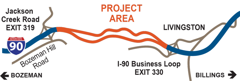 Map showing project area, which includes 11 miles of I-90 through Bozeman Pass in Gallatin and Park Counties.
