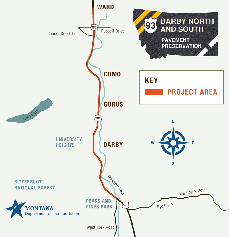 Map showing project area, which includes 13 miles of US 93 near Darby.