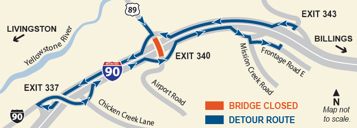 Graphic of Livingston Area bridges project map with arrows directing travelers of detour routes.