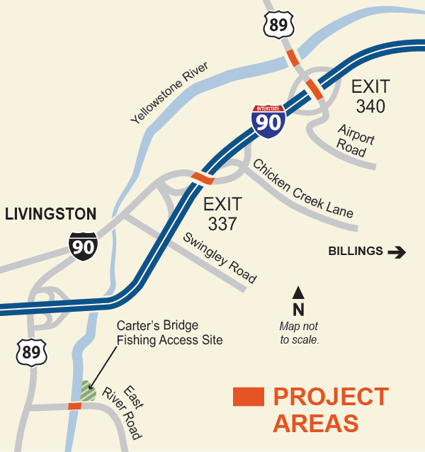 Project map shows the City of Livingston and nearby area including U.S. Highway 89 going from south of Livingston to northeast of Livingston and Interstate 90 which travels east/west near Livingston. Four bridges are highlighted as the project areas on this map. These include the Carter’s Bridge on East River Road south of Livingston, the Exit 337 bridge over Interstate 90 east of Livingston, the Exit 340 bridge over Interstate 90 east of Livingston, and the U.S. Highway 89 bridge over the Yellowstone River northeast of Livingston.