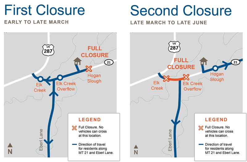 Image showing the first and second planned closures on MT 21. The first closure is scheduled early to late March and will restrict access at Hogan Slough. The second closure is scheduled late March to late June and will restrict access at Elk Creek and Elk Creek Overflow.
