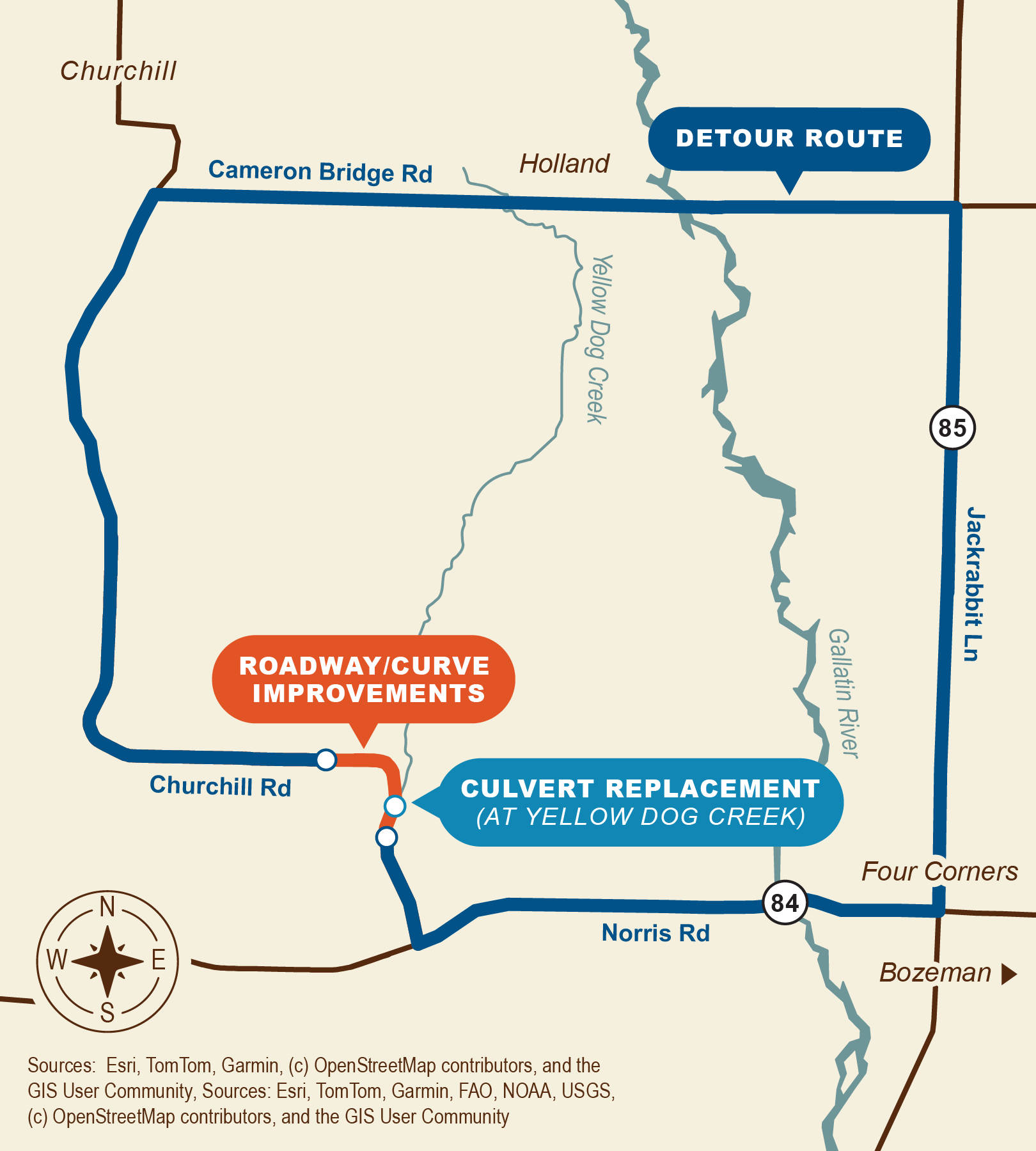 Map showing construction and a detour near Churchill, Montana. Construction on Churchill Road includes roadway and curve improvements, as well as a culvert replacement at Yellow Dog Creek. A detour route is shown using Cameron Bridge Road, Jackrabbit Lane (Highway 85), Norris Road (Highway 84), and Churchill Road.