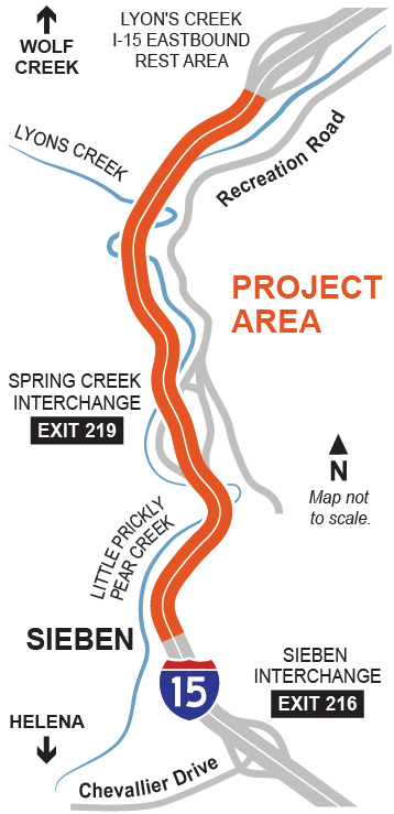 Map showing Sieben North Pavement Preservation project area, which includes about 4 miles of I-15 north of the Sieben Interchange. Two orange lines show the section of I-15 that will see work, starting just north of the Sieben Interchange and extending north, ending about 5 miles south of Wolf Creek. An arrow located in the bottom-left of the image points south towards Helena while an arrow in the upper-left of the image points north towards Wolf Creek. Along the project corridor, Exit 216, Little Prickly Pear Creek, Exit 219, Lyons Creek, and Lyon's Creek I-15 Eastbound Rest Area are depicted.